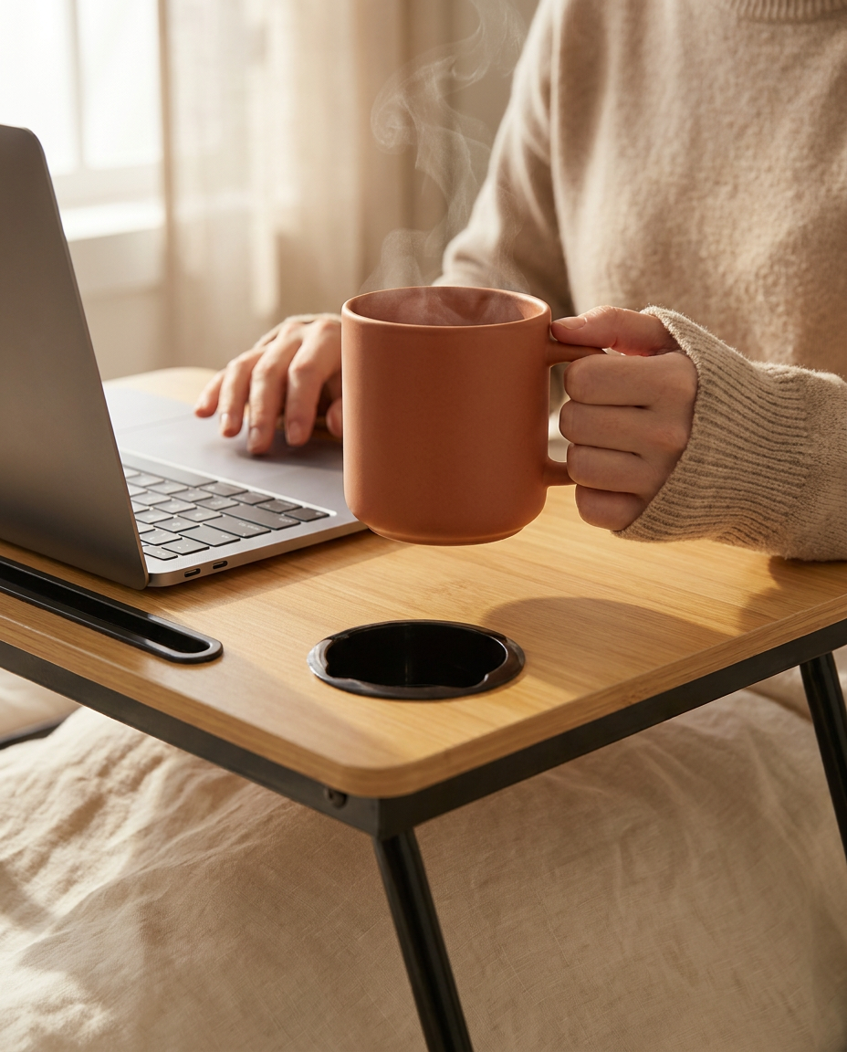 Close-up of hands holding a steaming terracotta mug above the bamboo lap desk, showing the built-in cup holder cutout