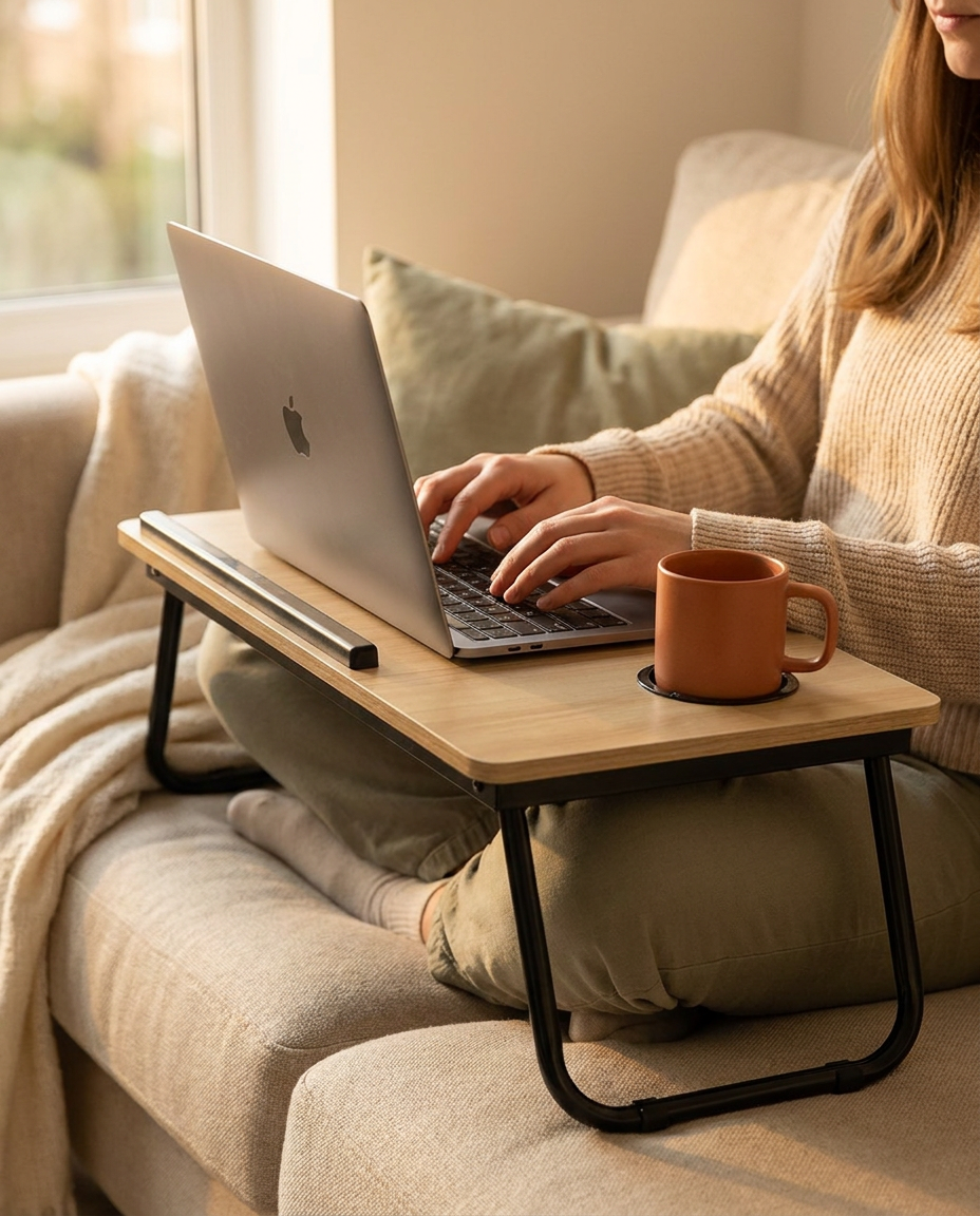 Woman in beige knit jumper using the bamboo lap desk on a cream sofa with a sage cushion, terracotta mug in the built-in cup holder