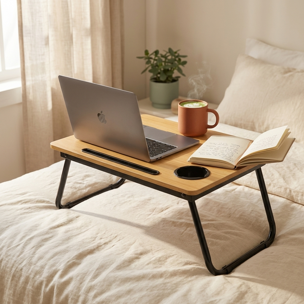 Bamboo folding lap desk shown against a warm cream studio backdrop, front three-quarter angle
